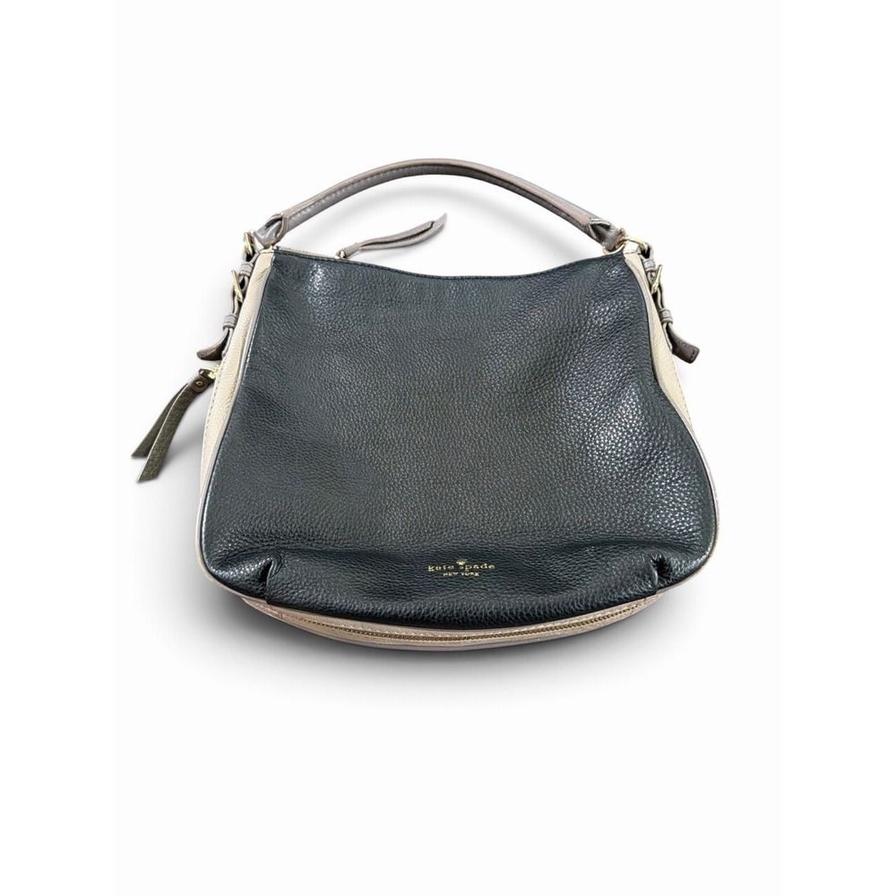 Kate Spade Black Beige Pebbled Leather Crossbody Slouch Expandable Handbag Gold